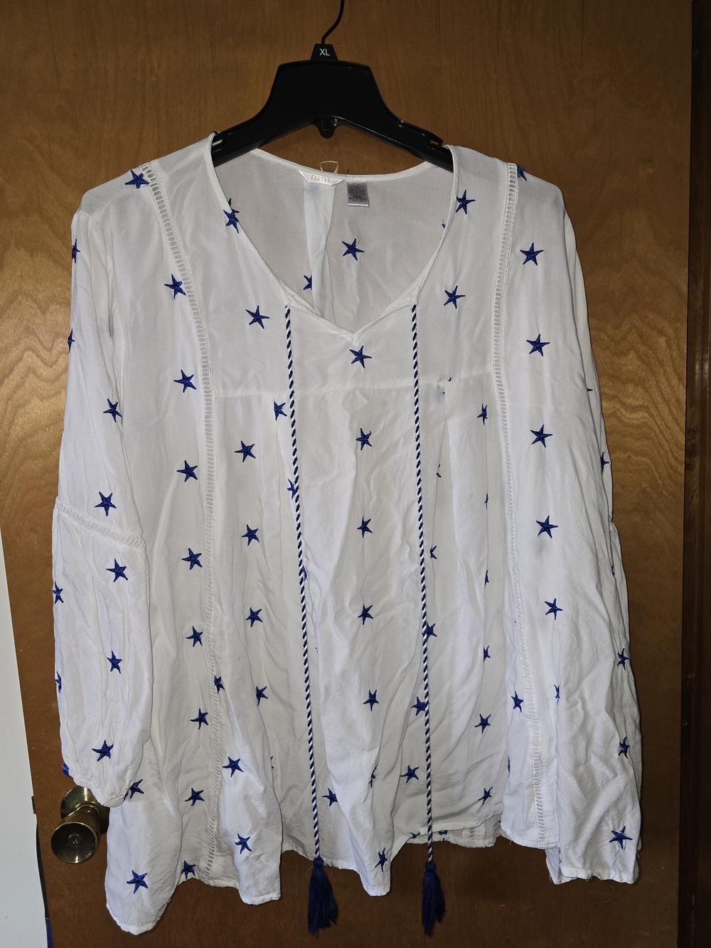 Navy Star-Embroidered Women's Peasant Blouse From Cracker Barrel